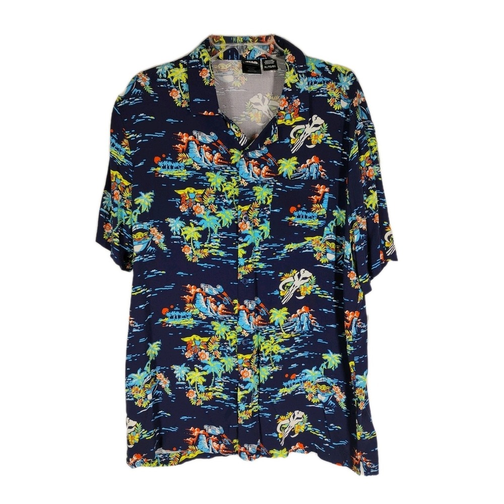 Star Wars Mens XL Hawaiian Yoda Button Up Vacation Shirt Light Weight 100% Rayon